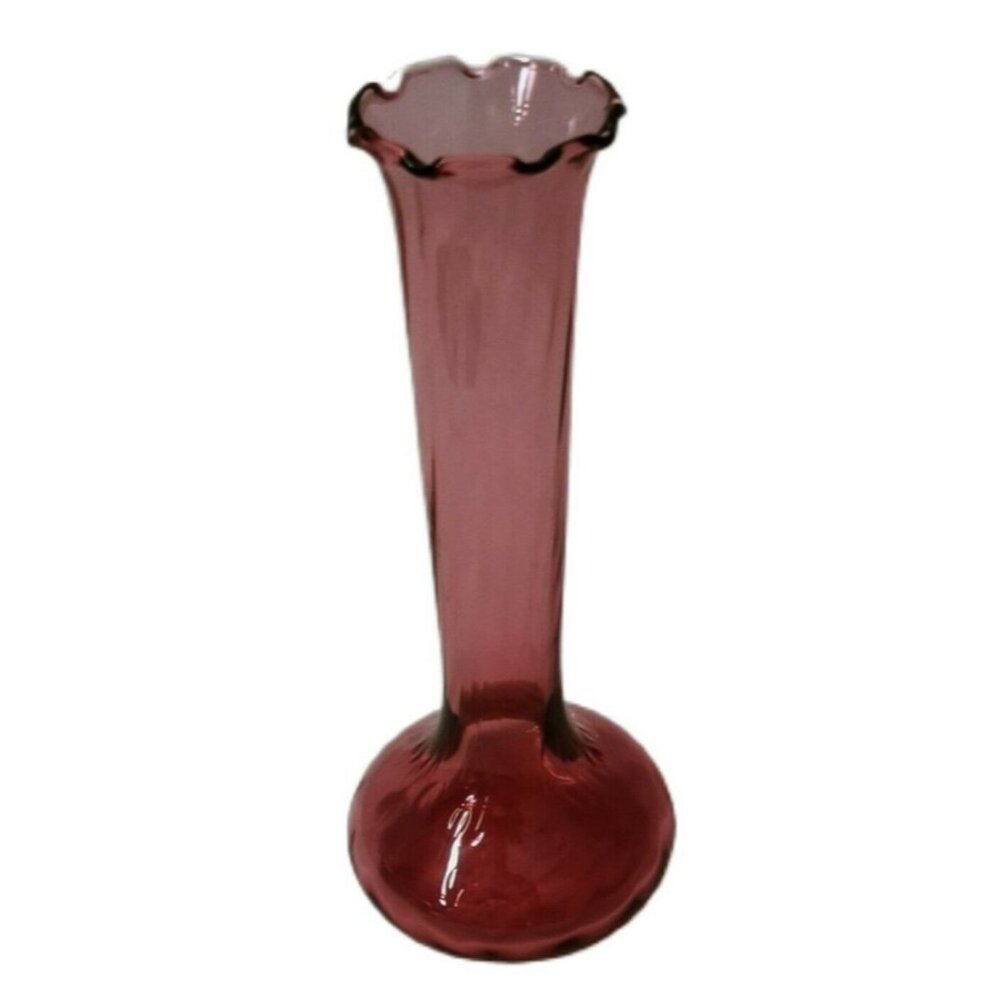 Vintage Pilgrim Cranberry Glass Swirl Bud Vase With Ruffled Edge